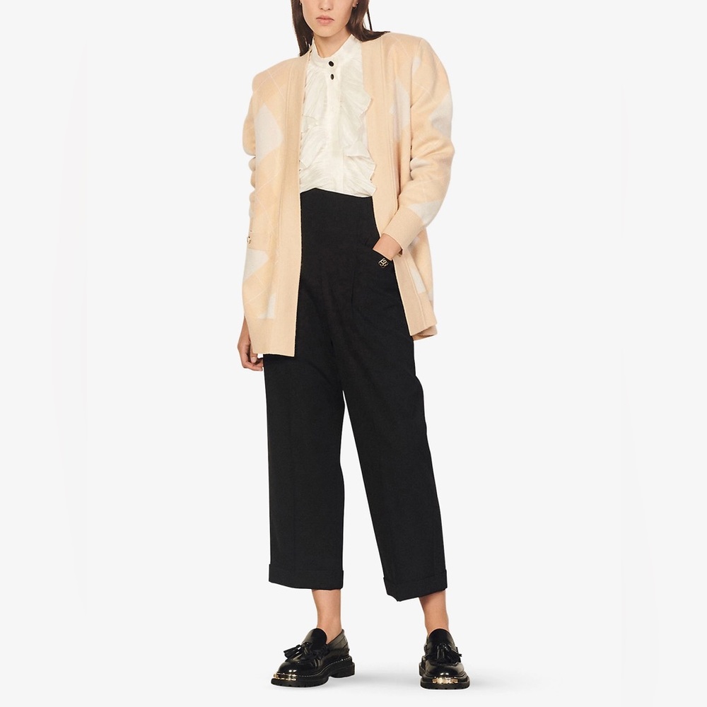 Sandro Argyle Jacquard Cardigan  Tan/White/Cream - Picture 3 of 16